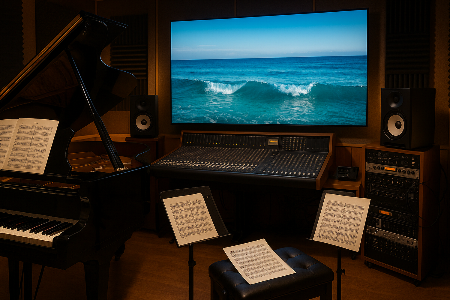 combine a recording studio with a 80" tv with a beautiful ocean scene inside, add a piano and orchestral sheet music