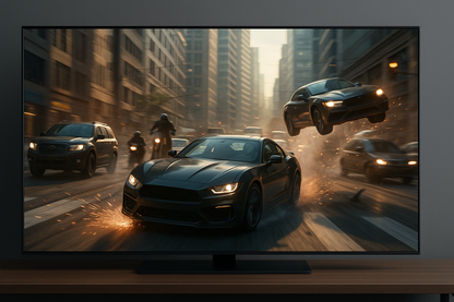 car persecution on a trailer action movie on a big size tv. Don't use any copyrighted image