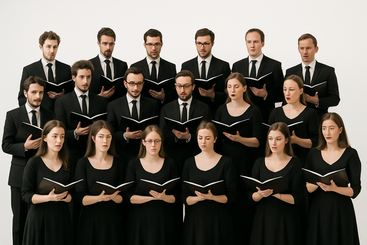 Classic choir with black clothes and scores on a white background