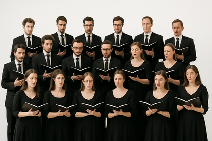 Classic choir with black clothes and scores on a white background