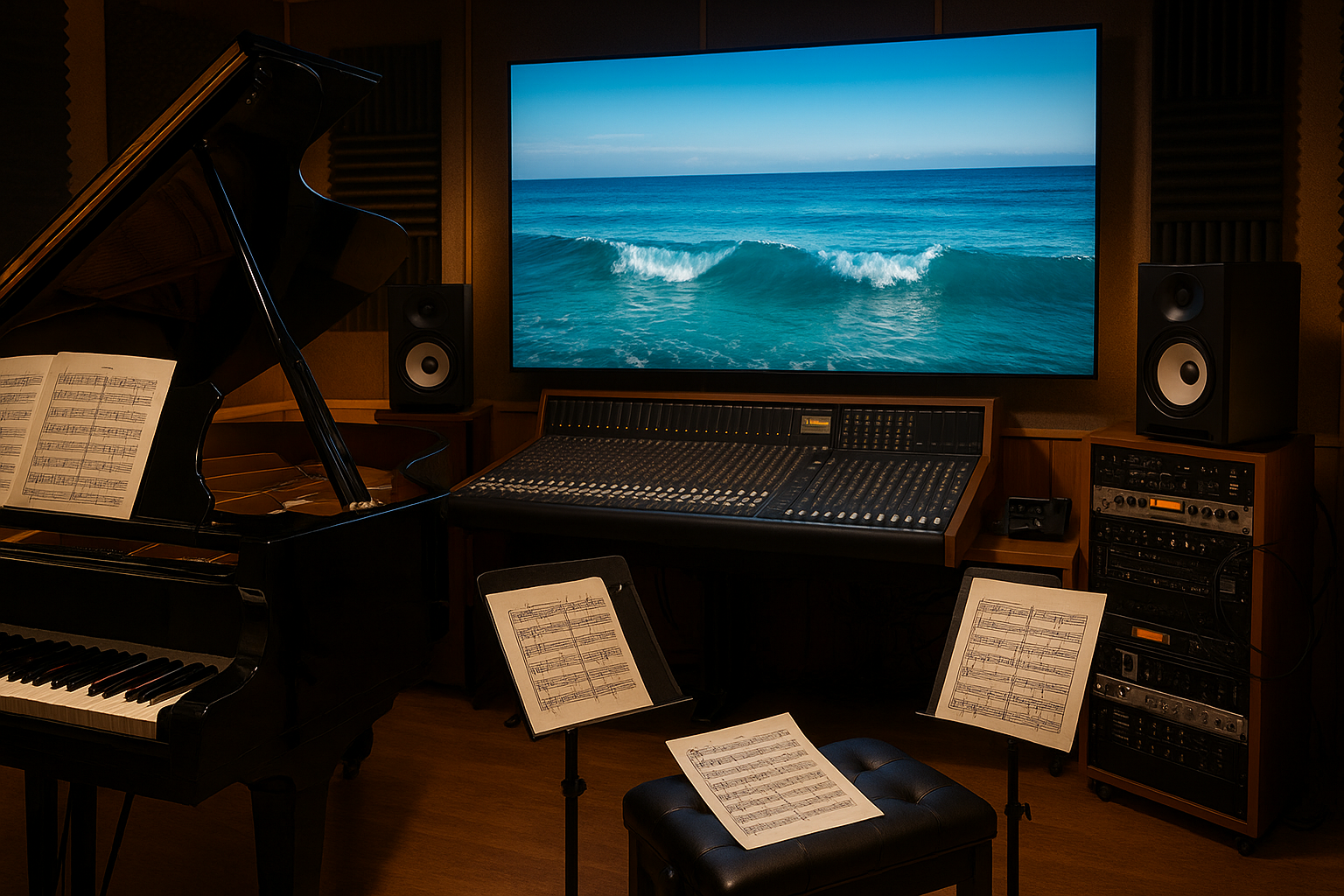 combine a recording studio with a 80" tv with a beautiful ocean scene inside, add a piano and orchestral sheet music