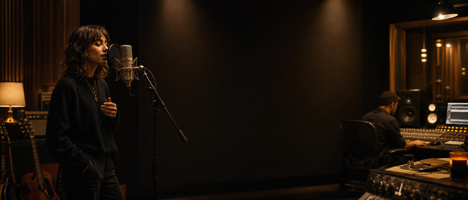 Vocalist recording an original song in a professional studio