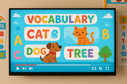 educational program for children about vocabulary on a short video clip on a big size tv. Don't use any copyrighted image