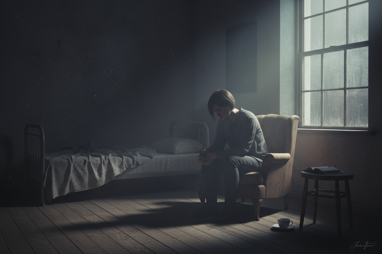 Lost, melancholic, sad and thinking deeply, person on a room