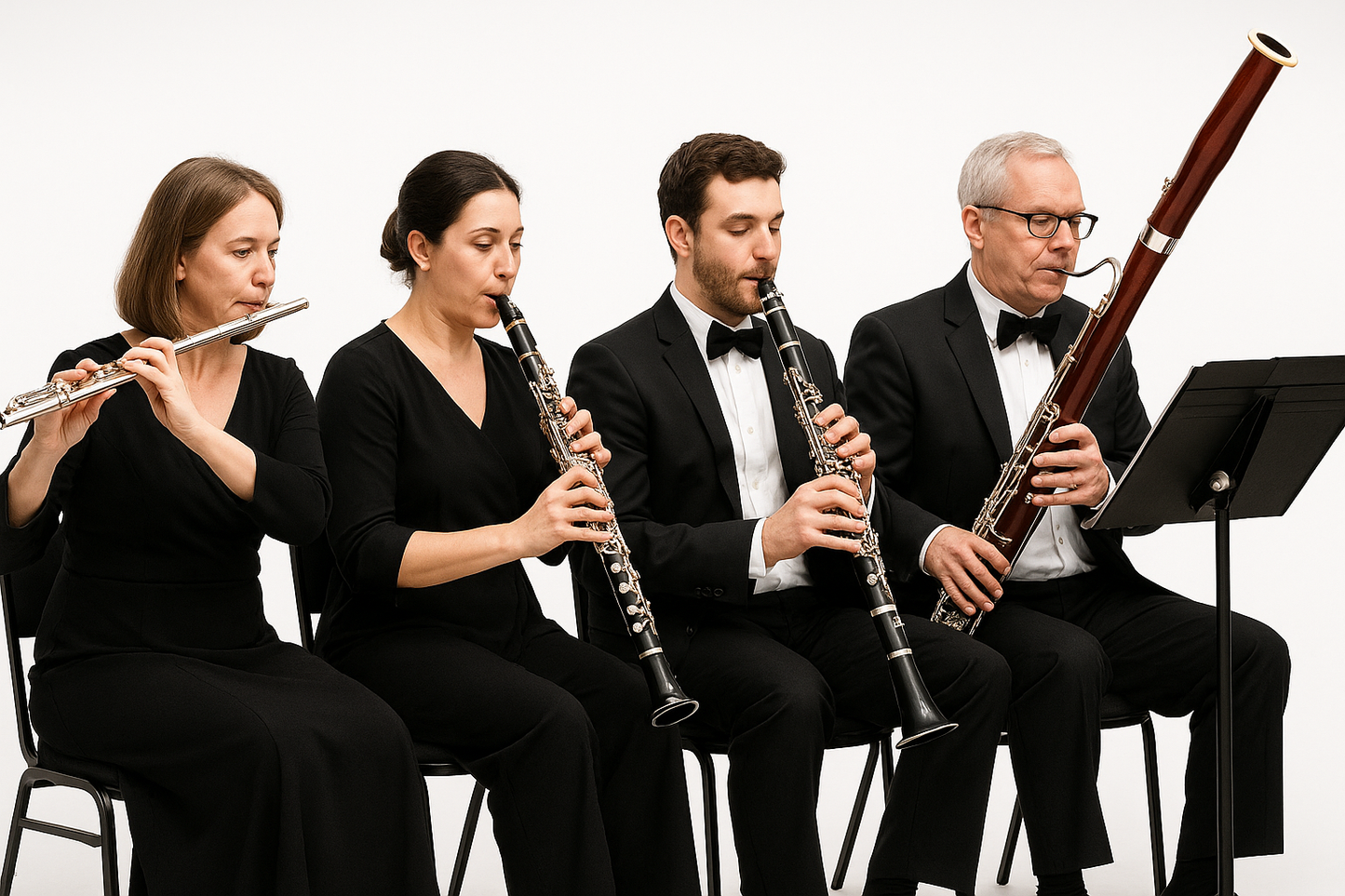 orchestral woodwind section players on white background