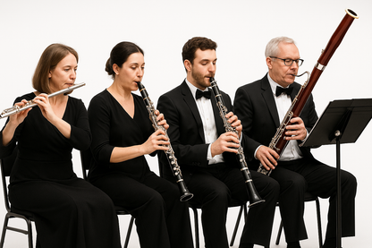 orchestral woodwind section players on white background