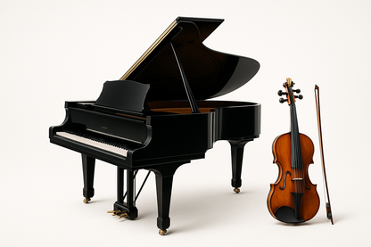 Piano and violin on a white background