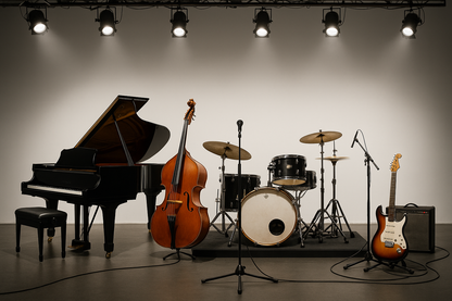 piano, bass, drums kit, guitar and lead vocalist on a stage with white background