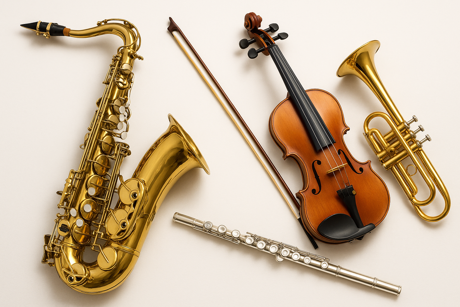 saxophone, violin, flute and trumpet placed with a white background