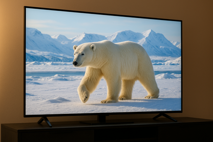 White bear on Alaska being watched on a big size and modern tv. Don't use any copyrighted images