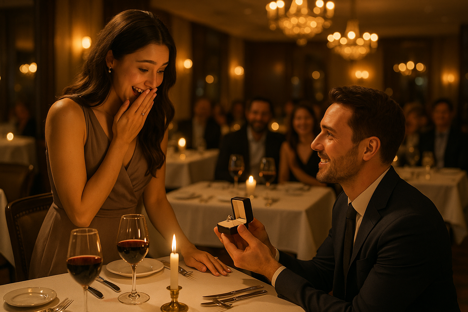 young couple getting engaged on an elegant restaurant